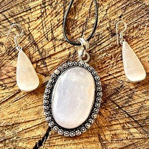Clear Satin Spar Selenite Pendant & Earrings Set
